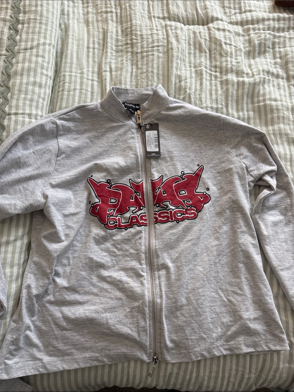 PrettyLittleThing Light Gray Zip-Up Jacket with Red Graphic